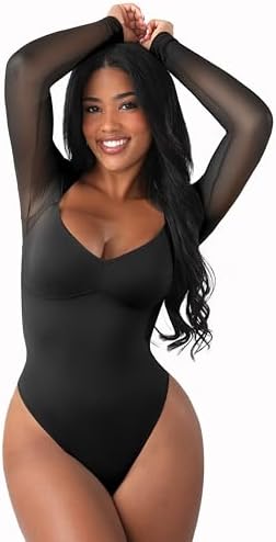 JomeDesign Women's Long Sleeve Sheer Mesh Black Bodysuit Tops