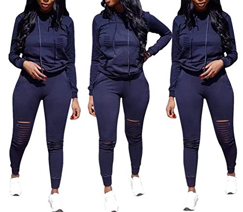 Womens 2 Pieces Outfits Long Sleeve Ripped Hooded Sweatshirt Tops Bodycon Long Pants Tracksuit Set Plus Size