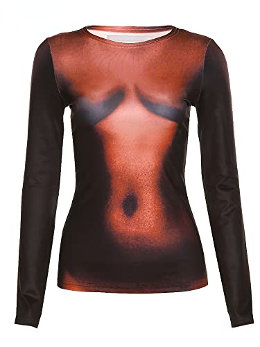 Y2K AESTHETIC BODY PRINT T-SHIRT WOMEN HIPSTER STREET ROUND NECK LONG SLEEVE 3D SLIM TOPS ATTIREWEAR CLOTHING (ORIGINAL TEES,L,LARGE)