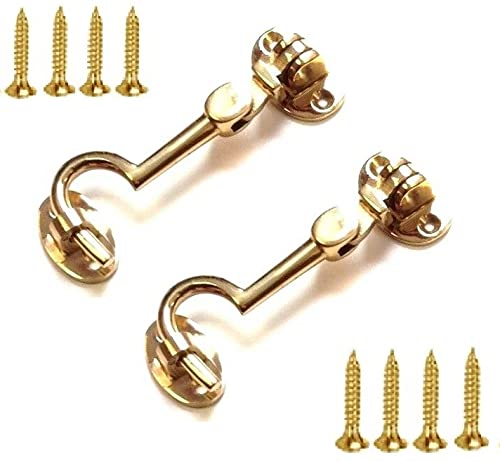 TERF® 75mm Heavy Duty Polished Brass Cabin Door Hook and Eye Lock 75mm (3 inch) Cabinet Latch including Fixing Screw For Door Gate Window Closet Shed Latch - Pack of 2