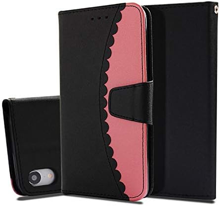 iPhone Xr Case, Happon Ultra Thin Protective Pu Leather Book Wallet Case with Card Slot, Stand Function, Shockproof Soft Cover for iPhone Xr (Black-Pink)