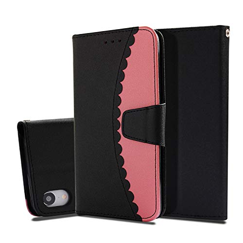 Scheam iPhone Xr Case, Premium PU Leather Wallet Pouch Flip Cover Case Anti-Scratch Defender CoverAccessories for iPhone Xr (Black-Pink)