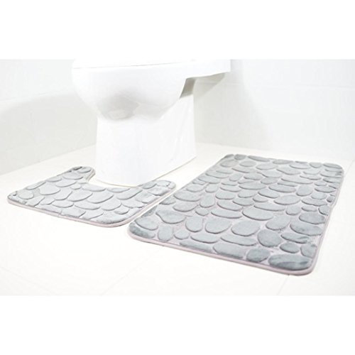 Transer Coral Velvet Soft Non Slip Bathroom Shower Mat Toilet Floor Rug Carpet Pad 2pcs (Gray) - Thumbnail 2