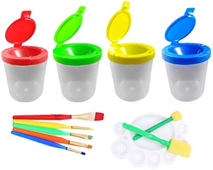 Shoppy 4 Pcs Spill Proof Paint Cups With Lid in 4 Colors And 1 Art Paint Set for Kids Toddler - Including 5 Flat Craft Small Brushes, 1 Painting Tray, 2 Sponge
