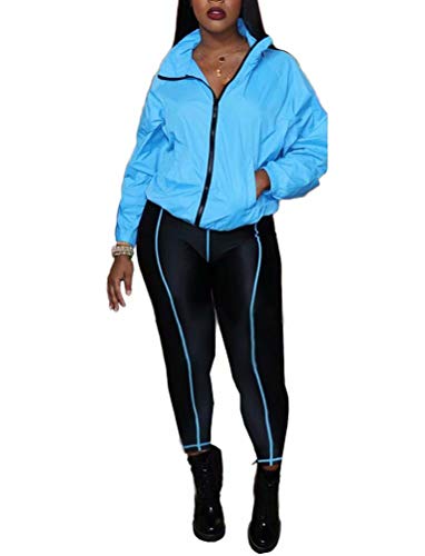 Women's Clubwear Two Piece Outfits Zipper Jacket Top and Jogger Pants Set Tracksuit Activewear Suits Blue L - Thumbnail 4