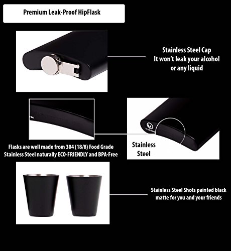 Hip Flask Funnel Shots Set Stainless Steel 8 oz. Matte Black and Premium Gift Box + E-BOOK INCLUDED