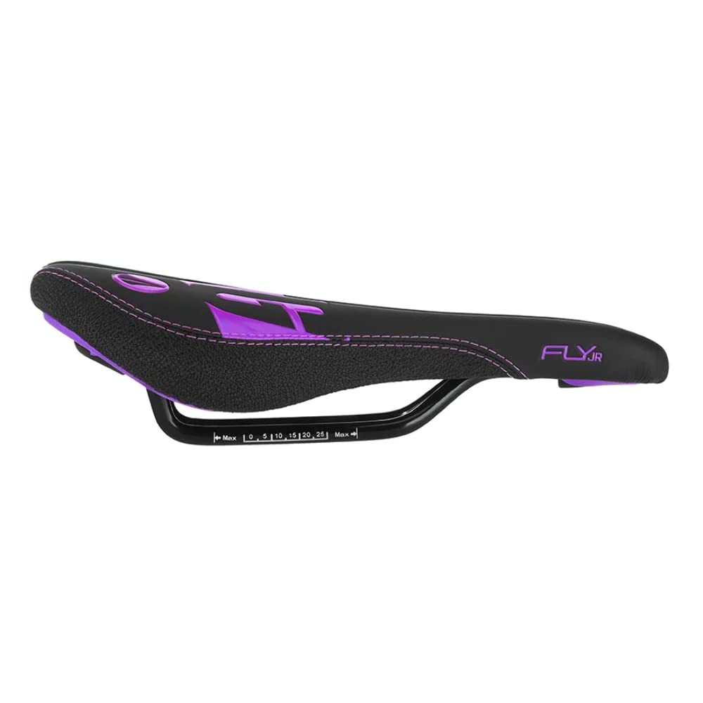SDG Fly Junior Steel Rail Saddle – Black with Purple Accents – Youth MTB & BMX Seat with Compact Shape, Soft Padding & Robust Steel Rails