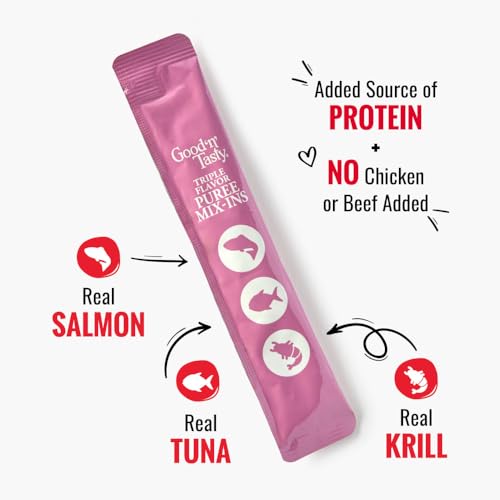 GOOD ‘N’ TASTY TRIPLE FLAVOR PUREE MIX-INS DOG FOOD TOPPER TREATS FOR ALL DOGS, 28 COUNT, EASY SINGLE-SERVE PORTIONS, ADDED PROTEIN WITH SALMON, TUNA AND KRILL, NO CHICKEN OR BEEF ADDED