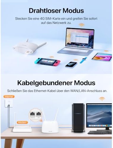 4G07 4G LTE WLAN Router für SIM-Karten (CAT4, AC1200 Dualband 2,4GHz: 300Mbit/s + 5GHz: 867Mbit/s, 150 Mbit/s im Download) Plug & Play, LAN/WAN-Port, 2 Abnehmbare Antennen, MU-MIMO, Weiß