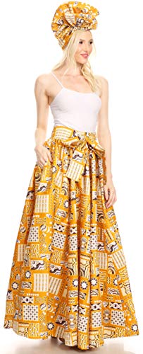 Sakkas 19417 - Ami Women's Maxi Long African Ankara Print Skirt Pockets & Elastic Waist - 132-GoldMulti - OS