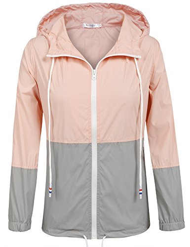 Meaneor Women's Waterproof Raincoat Outdoor Hooded Rain Jacket (Pink/Gray M)