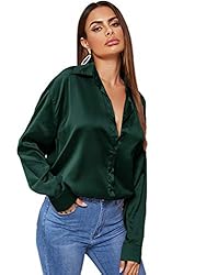 MakeMeChic Women's Satin Silk Long Sleeve Blouse