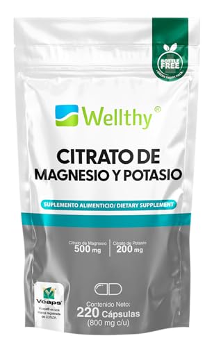 Wellthy Citrato de Magnesio y Potasio 220 Cápsulas. Tomar Sólo una Cápsula al día, Excelente fuente de Potasio y Magnesio, Cápsula Vegana, Bottle Free.
