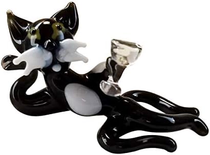 Black Cat Drinking Champagne Small Glass Figurine Hand-Blown Art Collectible Figures