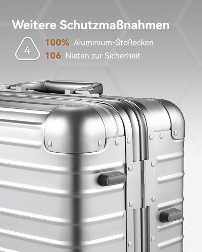 LUGGEX All Aluminium Suitcase, Hand Luggage, Aluminium Suitcase Trolleys without Zip, Sturdy Hard Shell Case with 4 Double Spinner Wheels, TSA Combination Lock (Silver, 55 x 38 x 23 cm, 40 L)