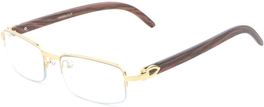 Debonair Slim Half Rim Rectangular Metal & Wood Eyeglasses/Clear Lens Sunglasses - Frames