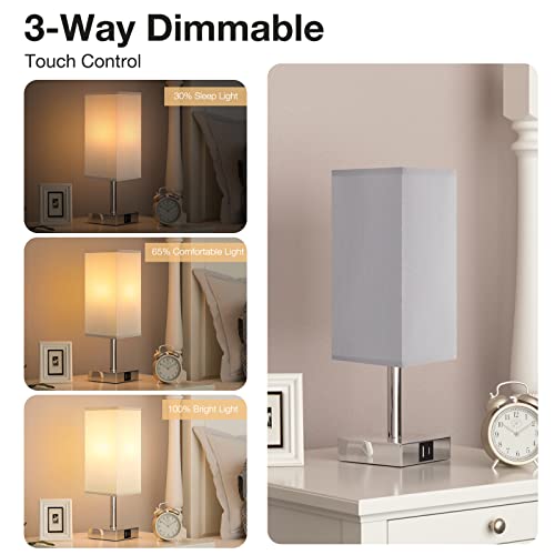 Aooshine Bedside Lamps, Touch Control Table Lamp with USB A+C Charging Ports, Lamps 3 Way Dimmable, for Bedroom Living Room-Grey Fabric Shade (LED Bulb Included)