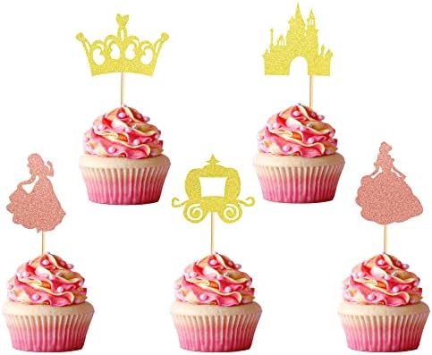 24 PCS Castle Cupcake Toppers - Princess Theme Birthday Party Decorations In Gold