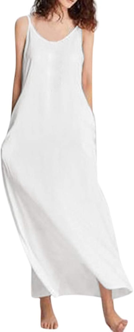 Amazon ワンピース レディース Kukoyo 無地 ノースリーブ ロングワンピース マキシ丈 綿麻 コットンリネン キャミソール キャミワンピ 体型カバー かわいい きれいめ ストレッチ リネンワンピ 柔らかい ルームウェア 普段着 お出かけ フォーマル 結婚式 ワンピース