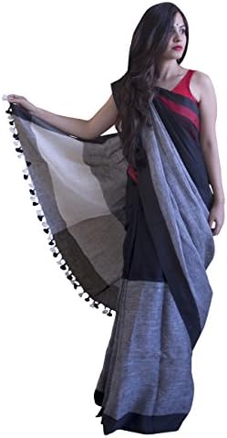 Bunkaar Original Pure Linen Handloom Black-Grey Saree with Tassels (with Blouse)