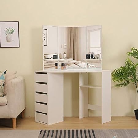 Bespivet White Corner Dressing Table With 5 Drawers Make Up Mirror Vanity Room Dresser No Stool Included Amazon Co Uk Kitchen Home