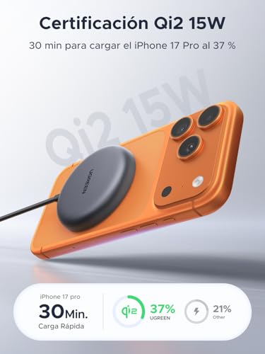 UGREEN Zapix Cargador Inalámbrico iPhone MagSafe Certificación Qi2 15W Compatible con iPhone 17 16 15 14 13 12 Pro MAX Air Plus AirPods, Cargador Magnético Carga Rápida con Cable Largo de 1.5M