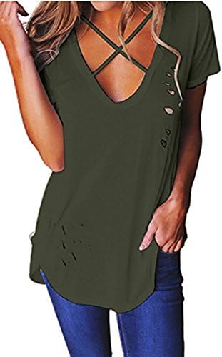 Fshop365 Women's Short Sleeve Criss Cross Loose Tunic Tops Ripped V Neck Casual Girls Tees T Shirts Army Green XL