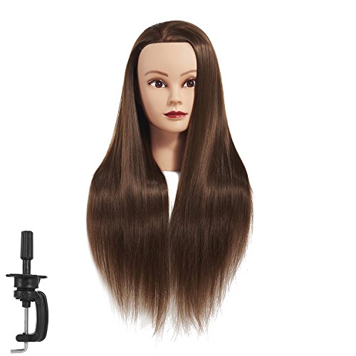 26"-28" Mannequin Head Hair Styling Training Head Manikin Cosmetology Doll Head Synthetic Fiber Hair Hairdressing Training Model With Free Clamp (Sugar Brown)