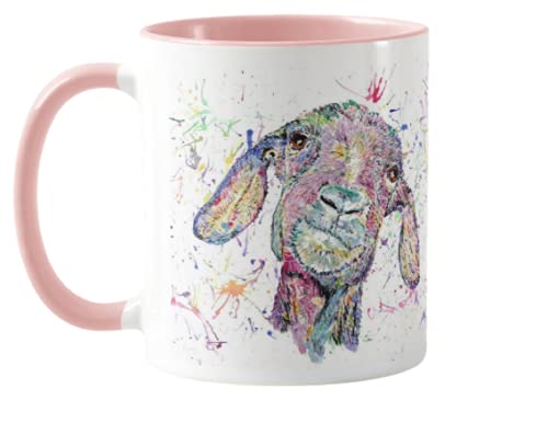 Vixar Goat Farm Animal Watercolour Rainbow Art Coloured Mug Cup, Gift, Birthday, Work, Office, Christmas Tea Coffee (Pink)