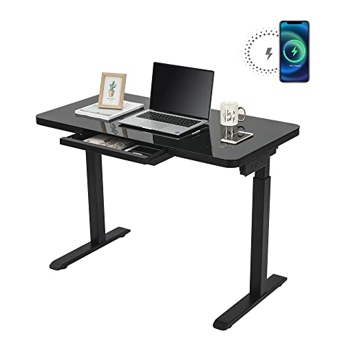FARRAY Glass Standing Desk with Wireless Charging, 45 x 23 Inch Dual