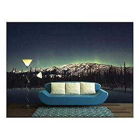 Mountains by The Lake Under Starry Night with Aurora - Removable Wall Mural | Self-Adhesive Large Wallpaper - 66x96 inches