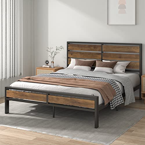 Allewie Rustic Queen Bed Frame with Wood Headboard & Footboard, Metal