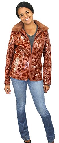 Bergama Glossy Rust Reptile Embossed Leather Jacket with detachable Rex Rabbit Collar - Small - Brown Bergama Glossy Rust Reptile Embossed Leather Jacket with detachable Rex Rabbit Collar - Small - Brown