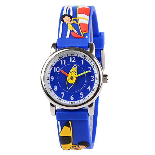 Venhoo Kids Watches 3D Cute Cartoon Waterproof Sport Silicone Children Toddler Wrist Watch Time Teacher Birthday Gift for 3-10 Year Boys Girls Little Child (Surfing Boy Blue)