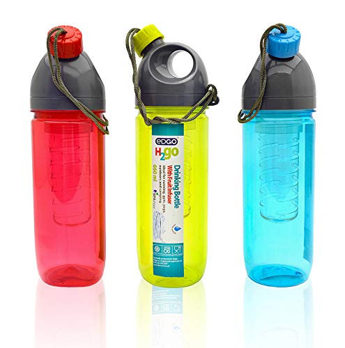 EDGO Water Bottle with Fruit Infuser, 660ml, Leak and Shatter Proof, Ideal for Gym, Yoga, Running, Hiking, Camping, School, Suitable for Kids and Adults (Red, Yellow, Blue)
