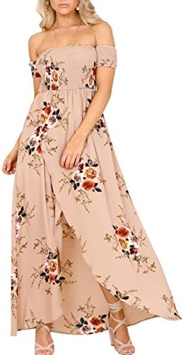 Kangwoo Women's Boho Style Split Hem Maxi Floral Off Shoulder Chiffon Dress Khaki S-5XL