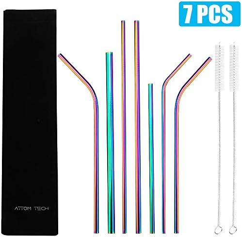 [7 PCS] Multiple-size Colorful Metallic Reusable Stainless Steel Straws Combinations, Attom Tech Home Metal Straw Sets with Cleaning Brushes, 4 Straight 3 Bent For Tumblers Beverage Drinks Cocktail