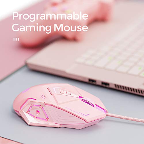 INPHIC Mouse da Gioco Cablato, Gioco ergonomico Mouse per Computer USB Mouse RGB Gamer Desktop Laptop PC Mouse da Gioco, 7 Pulsanti programmabili per Windows 7/8/10/10 XP Vista Linux (Rosa)