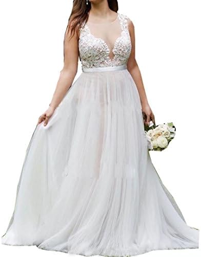 Jasminebridal Women's Plus Size Tulle Wedding Dresses Round Neck Little Tailing Bridal Gowns Elegant Church Outdoor Prom Dress Ivory,20