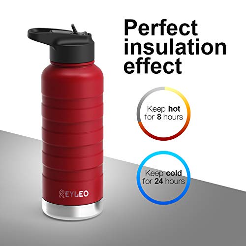 REYLEO Vacuum Insulated Water Bottle with Straw Lid- 18 Oz,Red,2 Lids BPA-Free, 18/8 Stainless Steel Thermal Sports Water Bottle, Keep Cold 24 Hours& Hot 8 Hours
