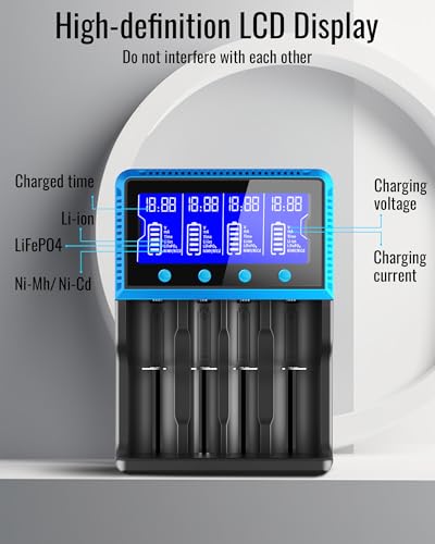 Keenstone 18650 Battery Charger, Universal Rechargeable Battery Charger for 26650 10440 14500 16340 26500 IMR Li-ION Ni-MH Ni-CD LiFePO4 AA AAA, Large Screen, Independent Case
