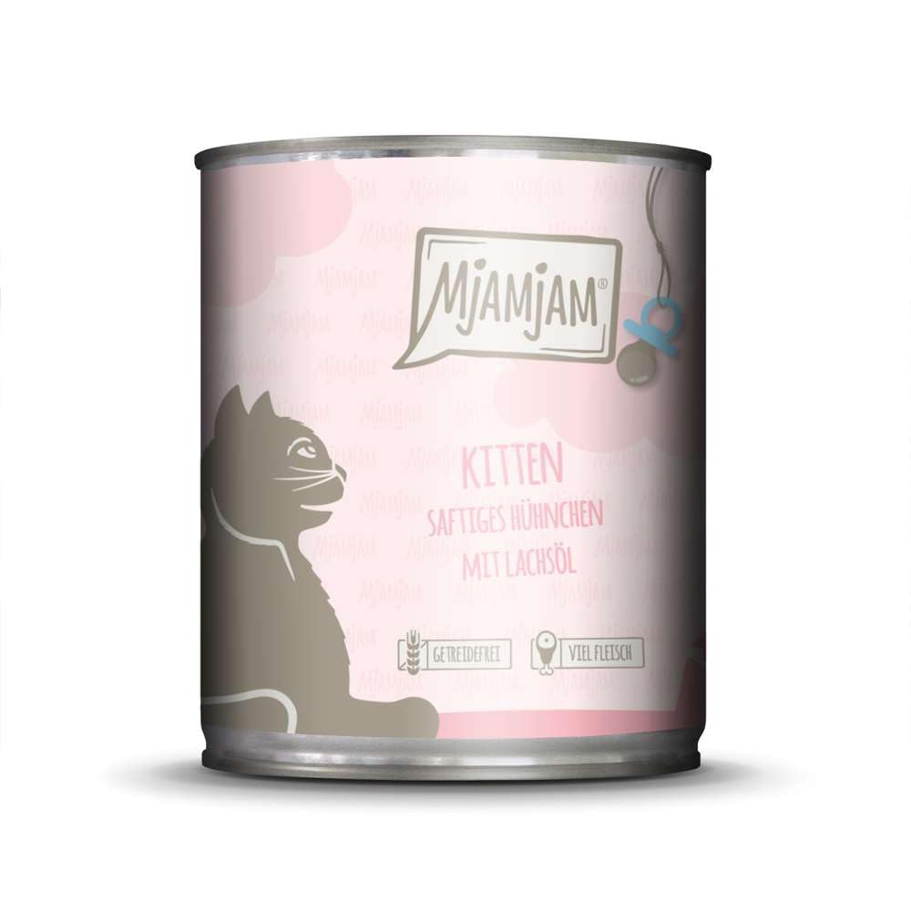 MjAMjAM - premium wet food for cats - kitten juicy chicken with salmon oil, pack of 6 (6 x 800 g), grain-free with extra meat
