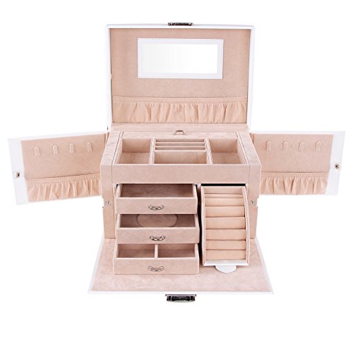 Songmics Schmuckkasten abschließbar mit Spiegel Schublade 25,5 x 18,5 x 17cm Weiss JBC07W -