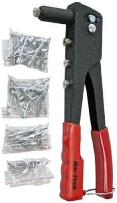 Interchangeable heavy duty pop rivet gun & 60 assorted size rivets - With four interchangeable nozzles and assorted rivets.