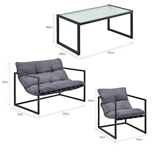 casa.pro Gartenmöbel Set 4-teilig Gartenset Gartengarnitur mit Polsterkissen Sitzgarnitur aus Sitzbank Sessel Couchtisch Outdoor-Möbel mit Stahlgestell Sitzgruppe Schwarz/Grau – Bild 4