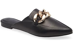Juliet Holy Womens Mules Flats Pointed Toe Backless Loafers Slip on Metal Chain Slides