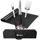 LauKingdom BBQ Tool Set, Stainless Steel Grilling Accessories With Spatula, Tong, Fork And Grill Mats, 4 Pack
