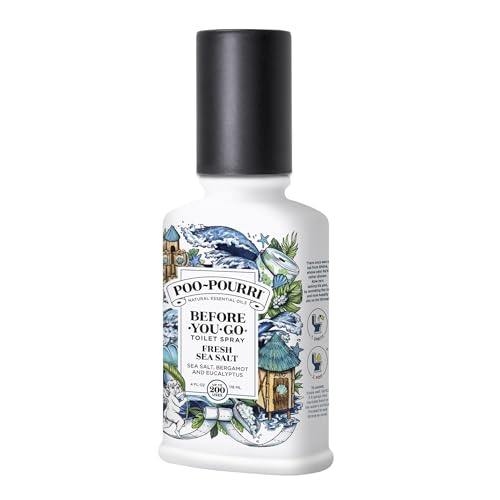 POO-POURRI BEFORE-YOU-GO TOILET SPRAY, FRESH SEA SALT, 4 FL OZ, UP TO 200 USES, BATHROOM ODOR DEODORIZER, PLANT-BASED WITH ESSENTIAL OILS, FOR HOME OR WORK, SEA SALT, BERGAMOT & EUCALYPTUS SCENT