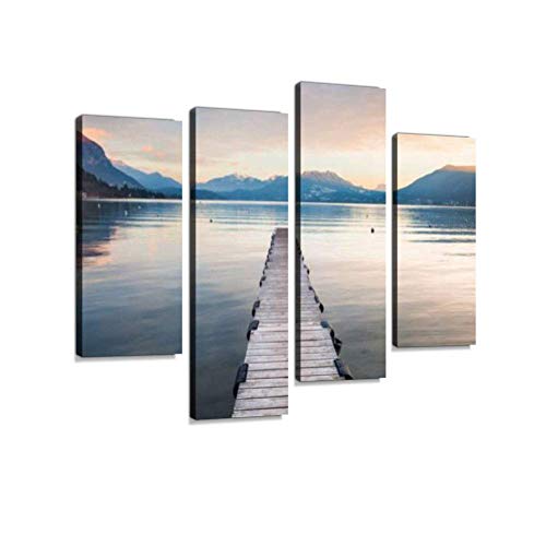Lac d’Annecy dans les Alpes françaises au coucher du soleil, mur de toile Art suspendu peintures moderne oeuvre abstrait images imprime décoration de la maison cadeau Unique conçu conçu encadré 4 pann