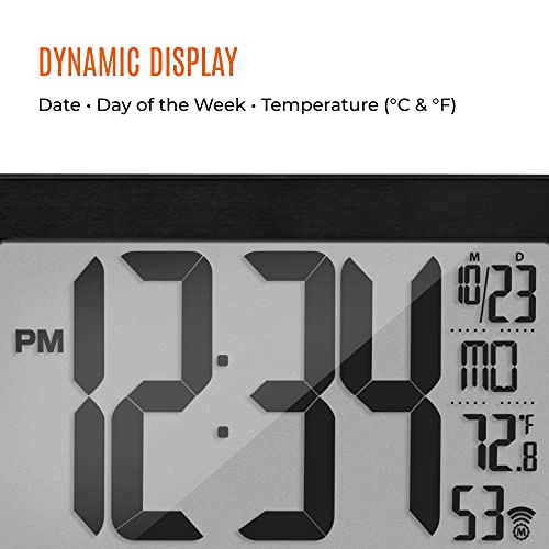 MARATHON Atomic Wall Clock with Stand, Black Frame/Black Stainless